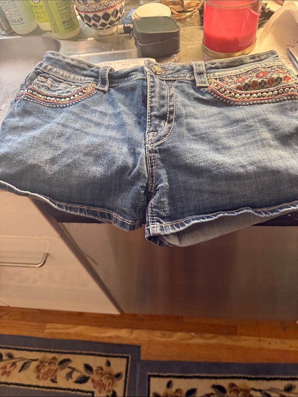 Miss Me Embellished Blue Denim Shorts with Multicolor Beadwork